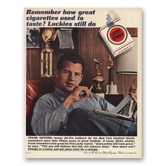 1961 Lucky Strike Cigarettes Frank Gifford Former All Pro Halfback Vintage Magazine Print Ad