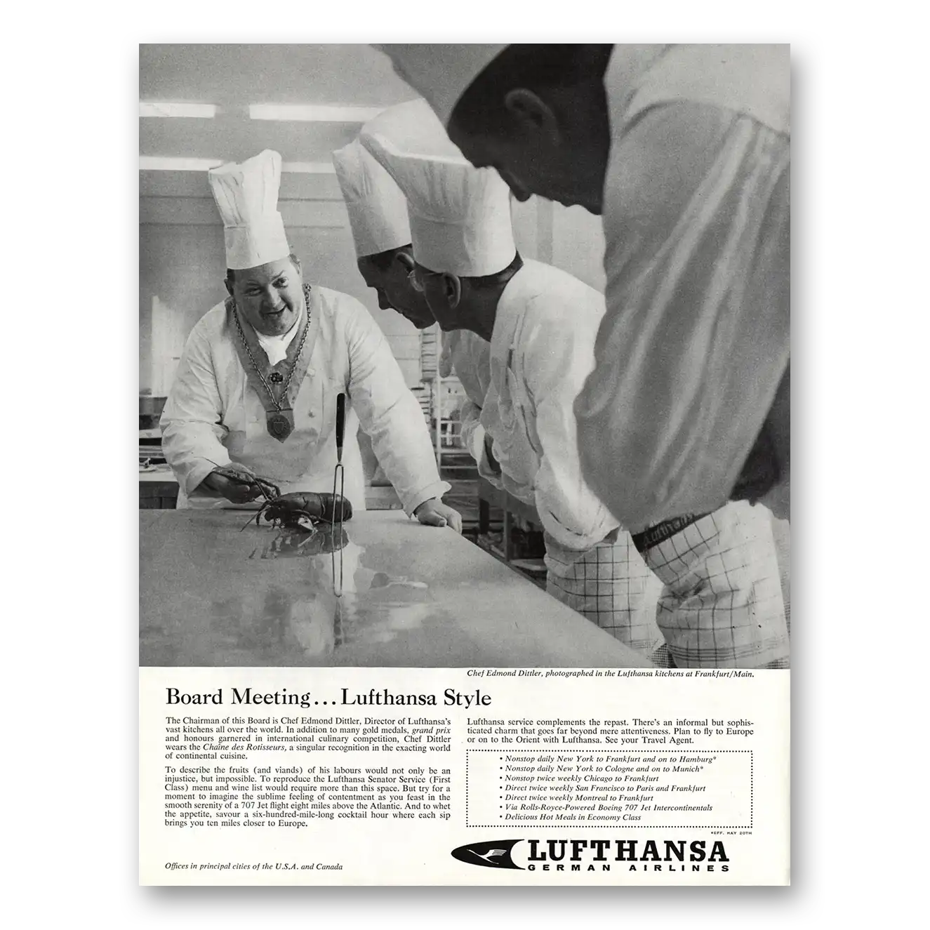 1961 Lufthansa German Airlines Board Meeting Lufthansa Style Chefs Vintage Magazine Print Ad