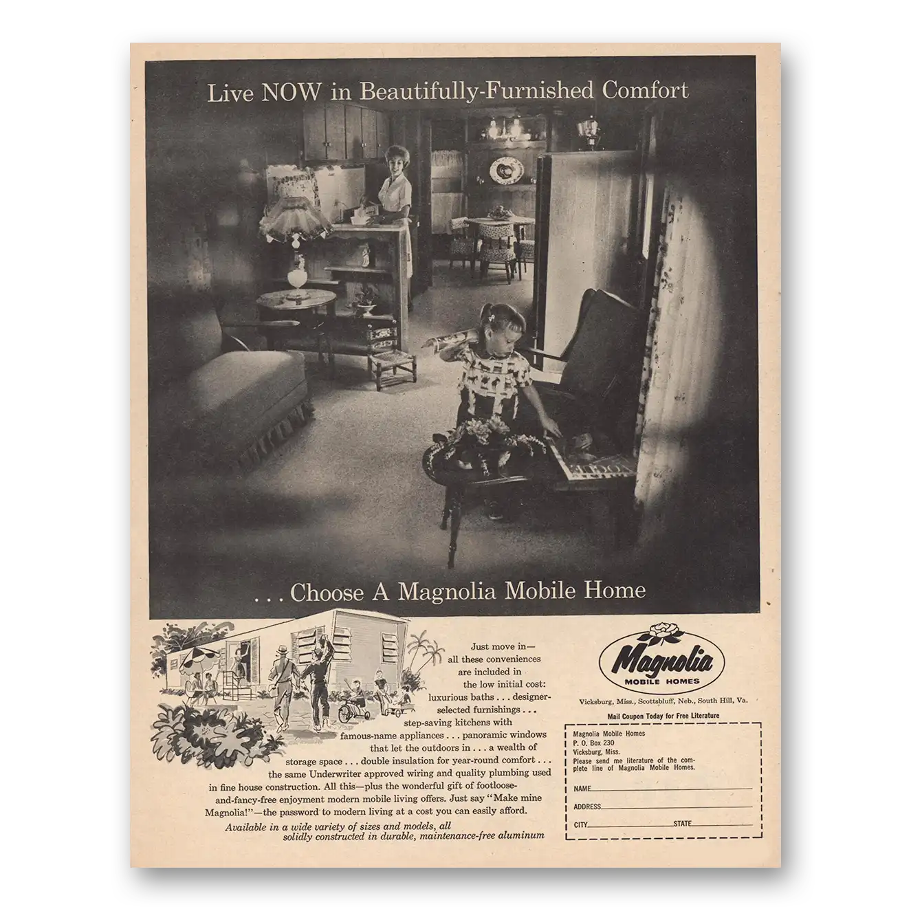 1961 Magnolia Mobile Homes Beautifully Furnished Comfort Vintage Magazine Print Ad