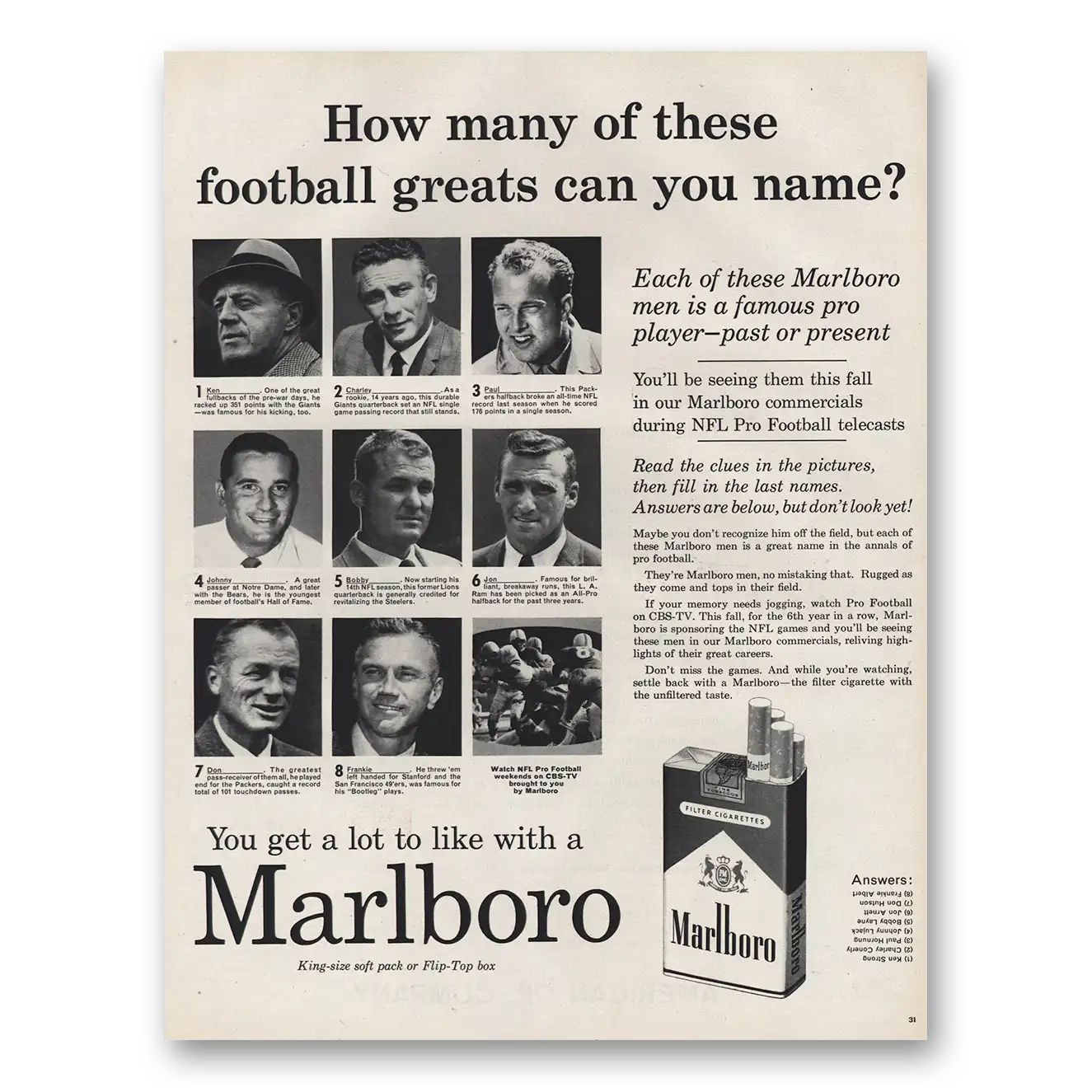 1961 Marlboro Cigarettes Football Greats Can You Name Vintage Magazine Print Ad