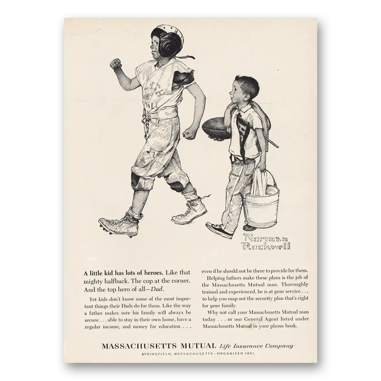 1961 Massachusetts Mutual Little Kid Has Lots of Heroes Vintage Magazine Print Ad