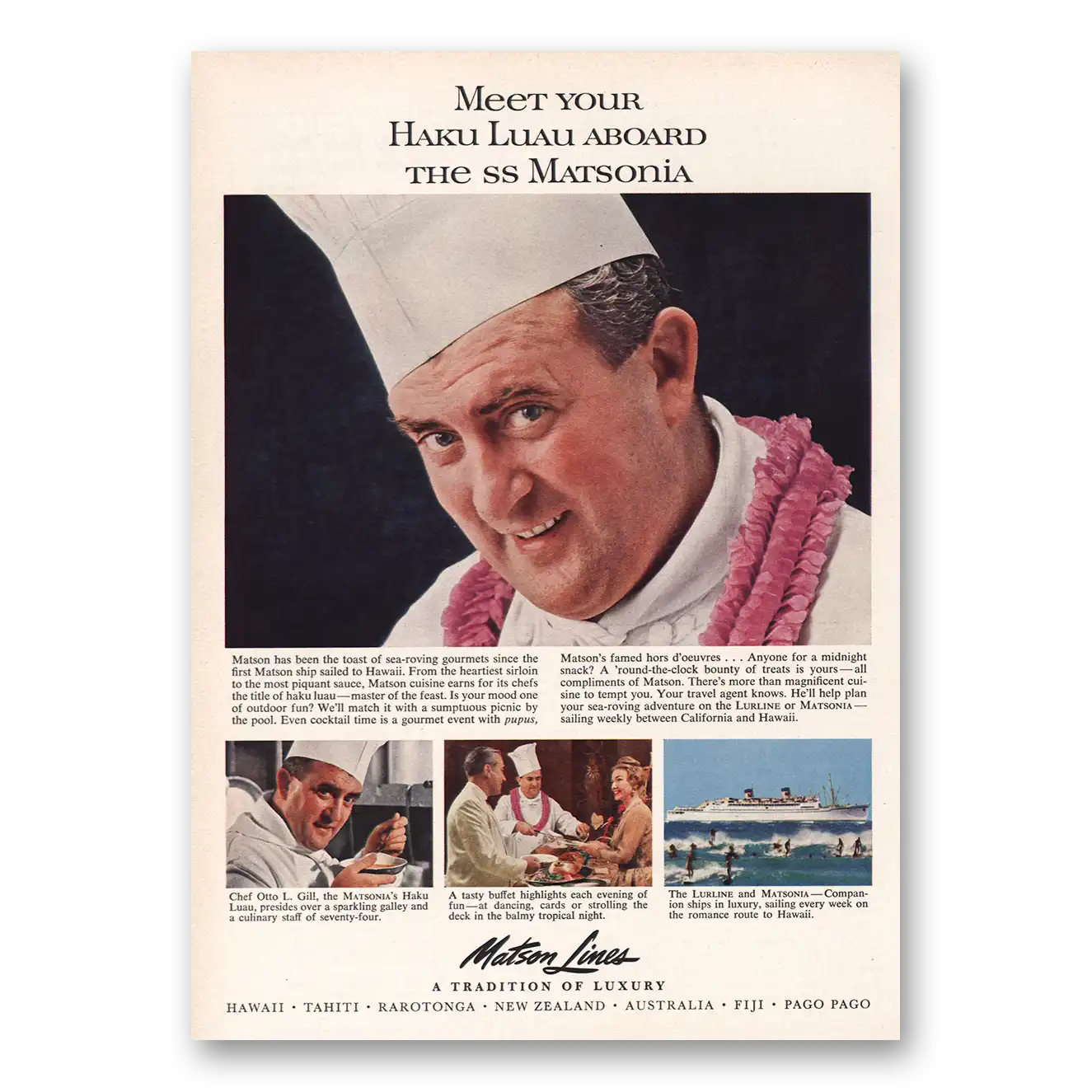 1961 Matson Line Meet Your Haku Luau Aboard Vintage Magazine Print Ad