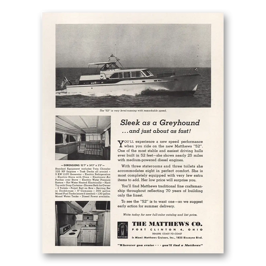 1961 Matthews Cruisers Sleek As a Greyhound Vintage Magazine Print Ad