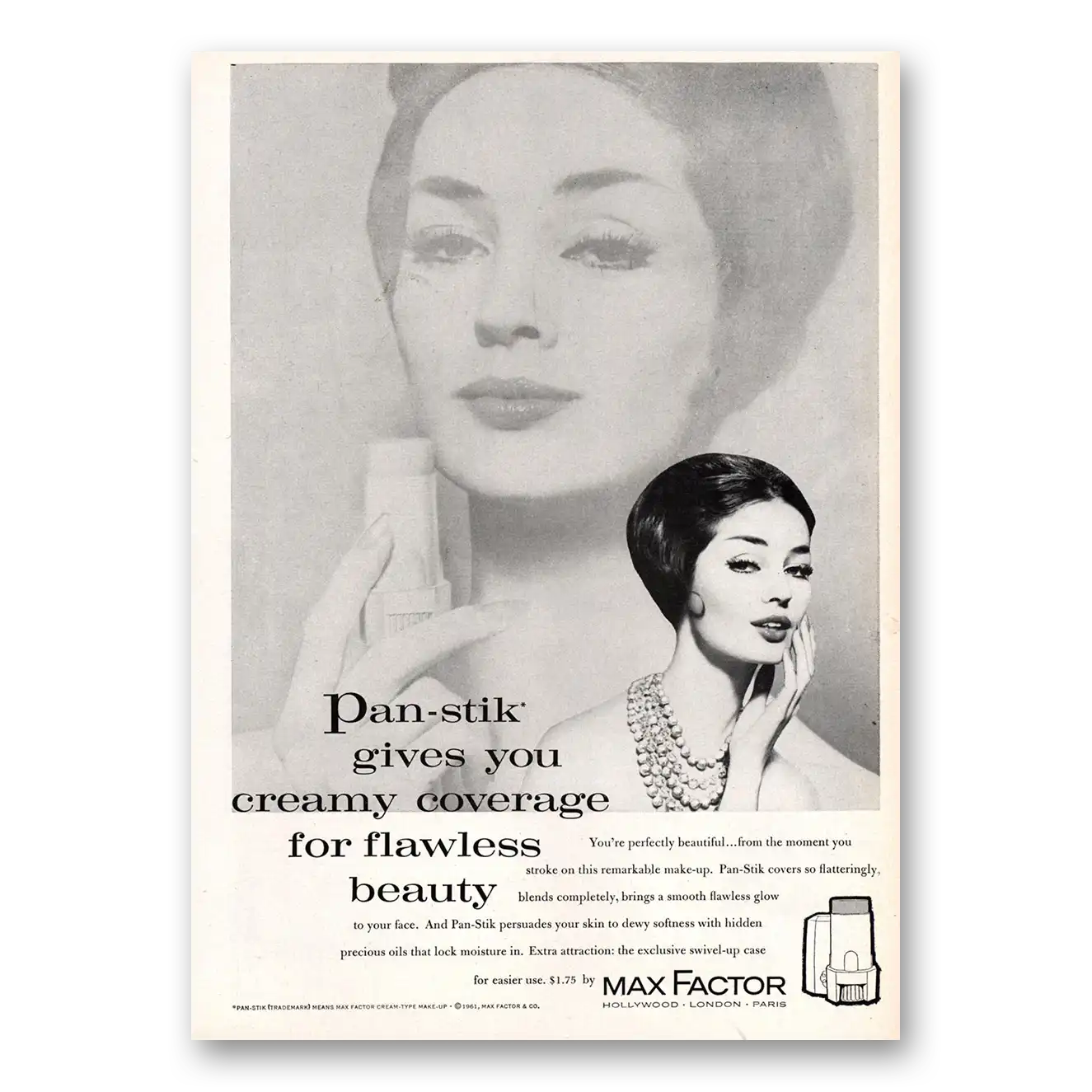 1961 Max Factor Pan Stik Gives Your Creamy Coverage Vintage Magazine Print Ad