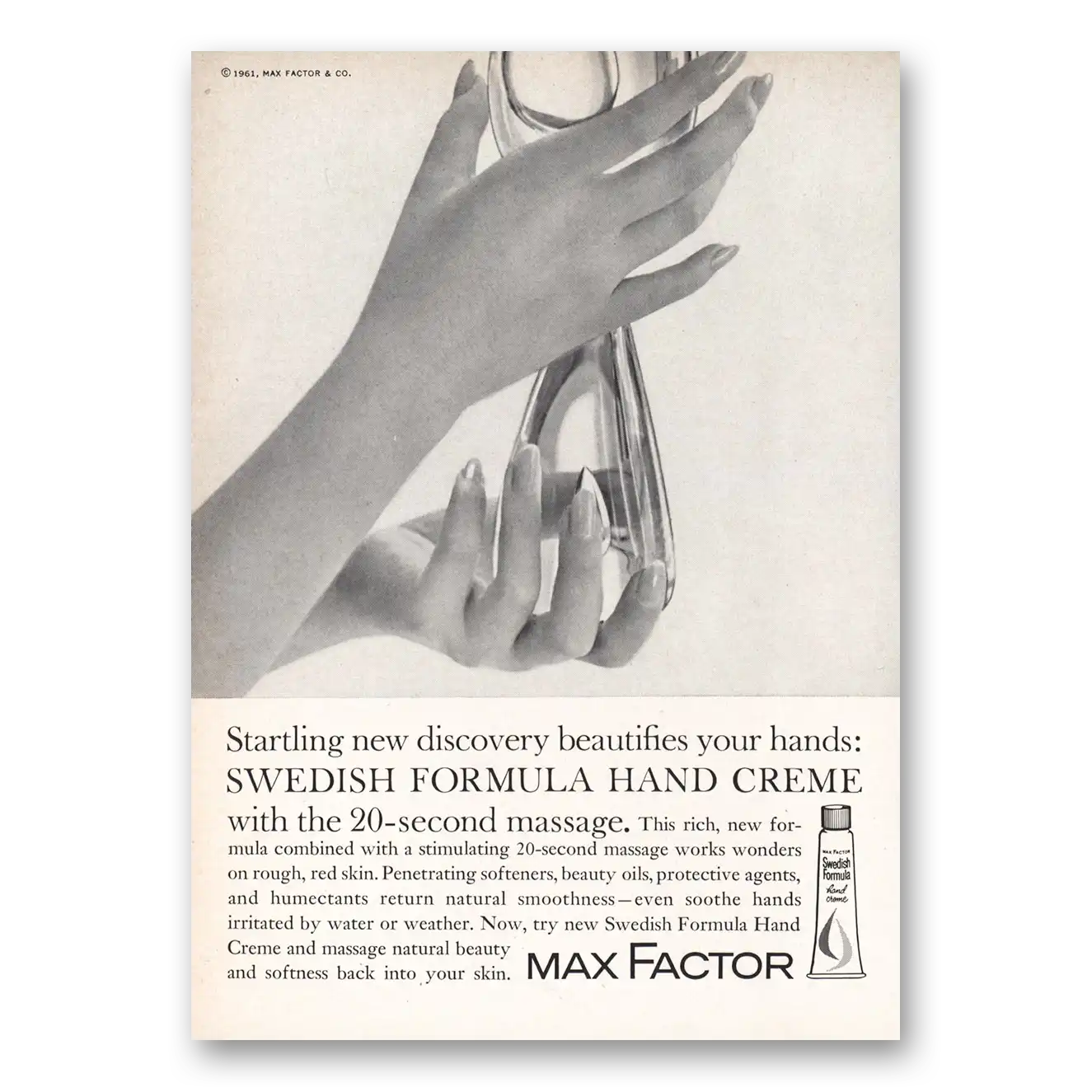 1961 Max Factor Hand Creme Swedish Formula Hand Creme Vintage Magazine Print Ad