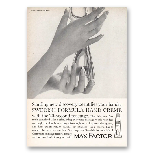 1961 Max Factor Hand Creme Swedish Formula Hand Creme Vintage Magazine Print Ad