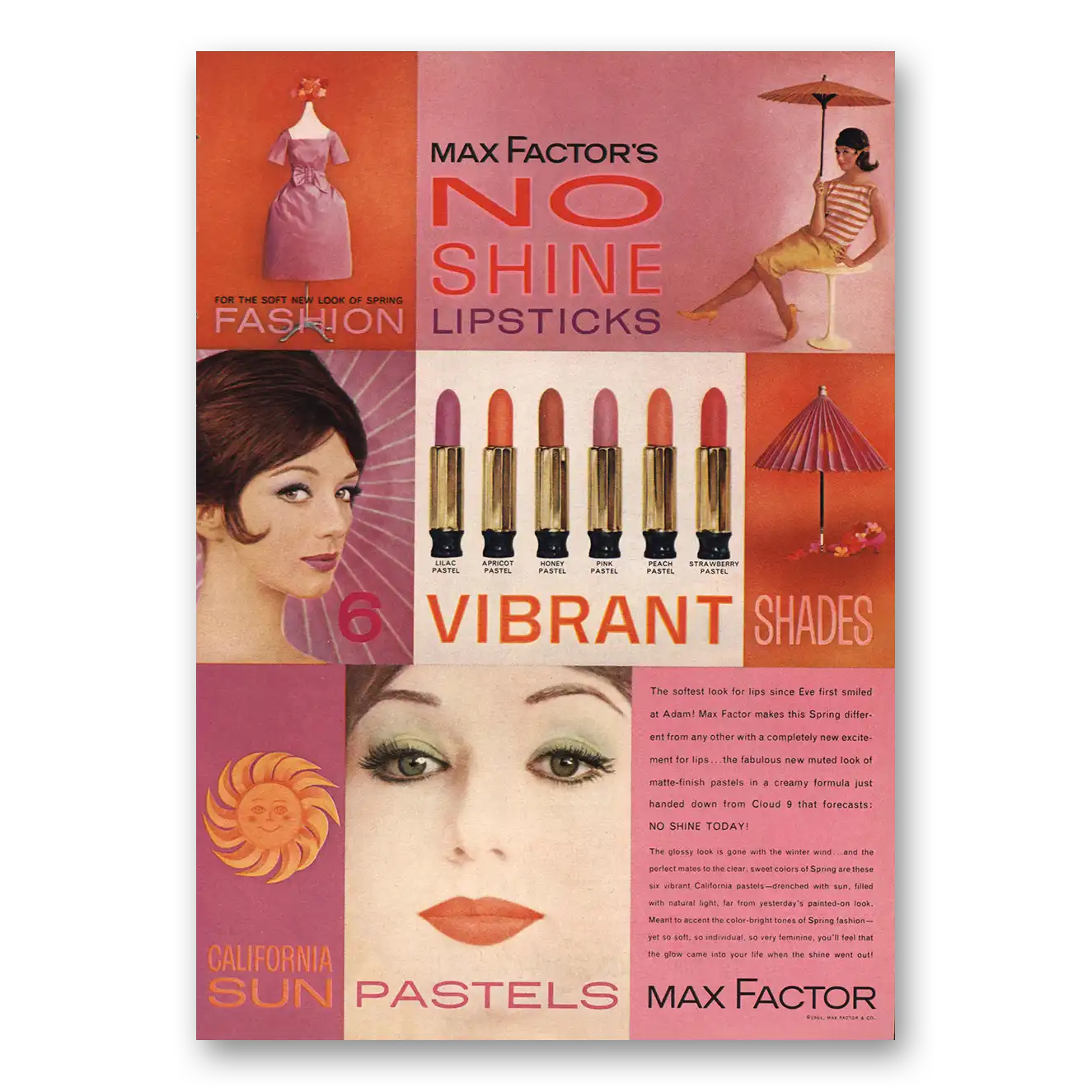 1961 Max Factor No Shine Lipsticks Vintage Magazine Print Ad