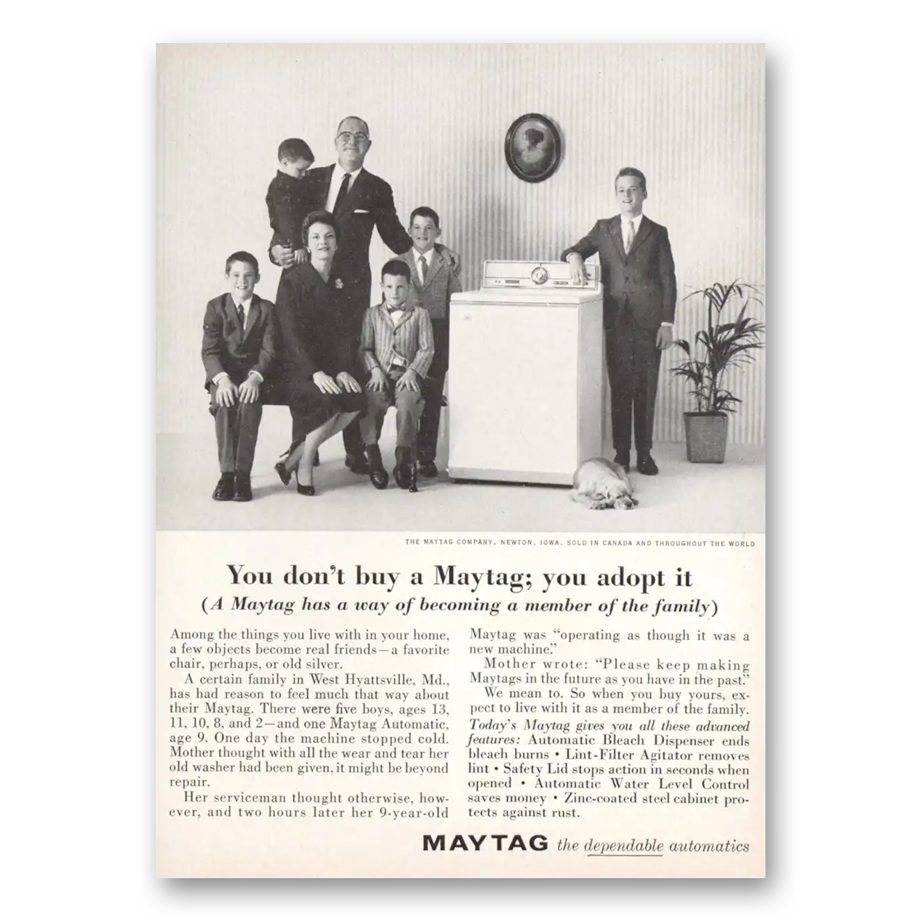 1961 Maytag Washer You Don't Buy a Maytag You Adopt It Vintage Magazine Print Ad