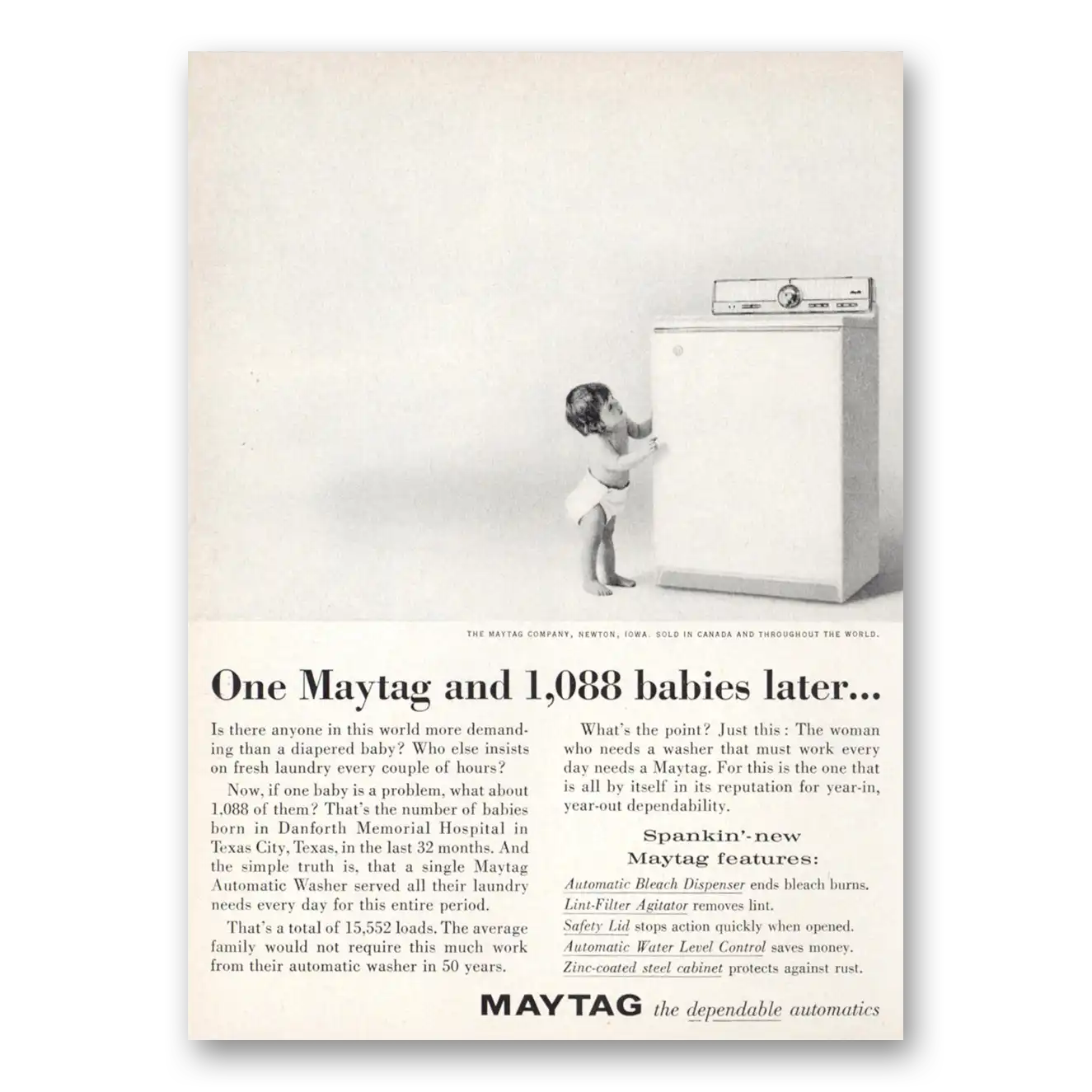 1961 Maytag Washer One Maytag and 1088 Babies Later Vintage Magazine Print Ad