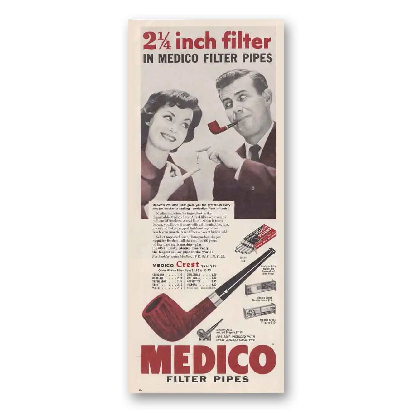 1961 Medico Filter Pipes Crest Vintage Magazine Print Ad