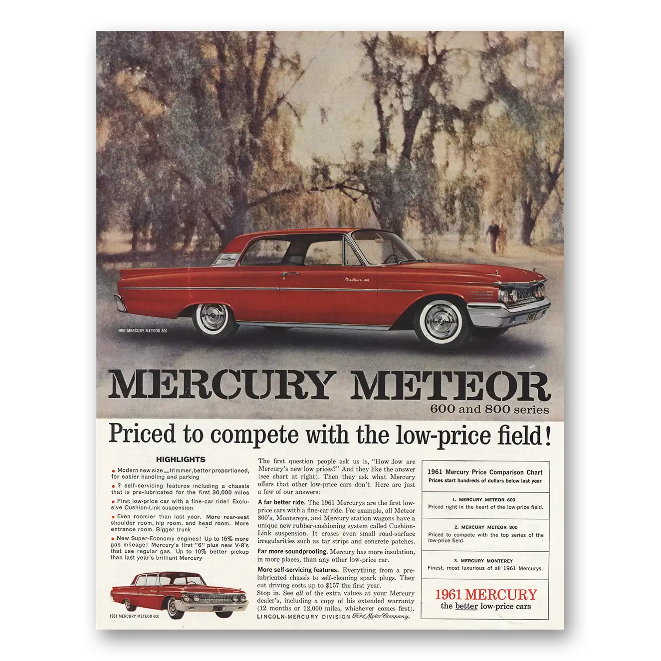 1961 Mercury Meteor Compete With Low Price Field Vintage Magazine Print Ad