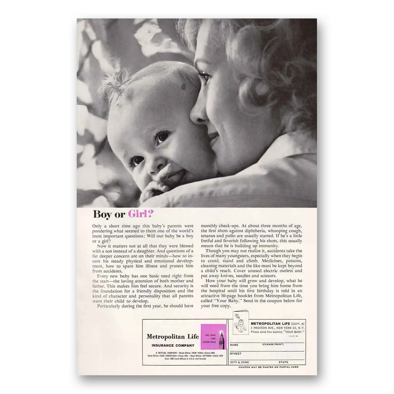 1961 Metropolitan Life Insurance Boy or Girl Vintage Magazine Print Ad