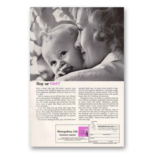 1961 Metropolitan Life Insurance Boy or Girl Vintage Magazine Print Ad