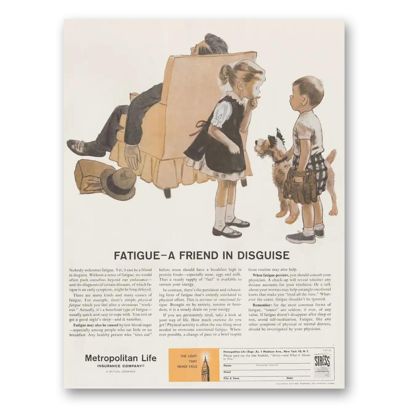 1961 Metropolitan Life Insurance Fatigue A Friend in Disguise Vintage Magazine Print Ad