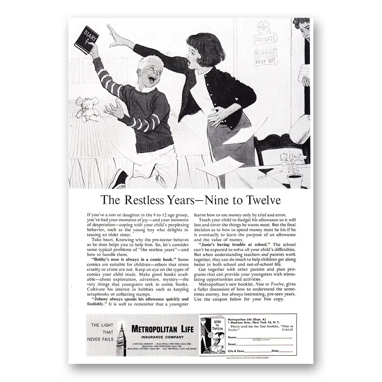 1961 Metropolitan Life Insurance Restless Years Nine to Twelve Vintage Magazine Print Ad