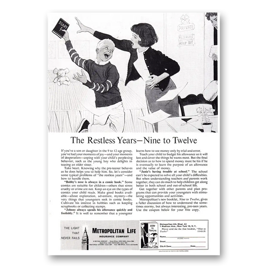 1961 Metropolitan Life Insurance Restless Years Nine to Twelve Vintage Magazine Print Ad