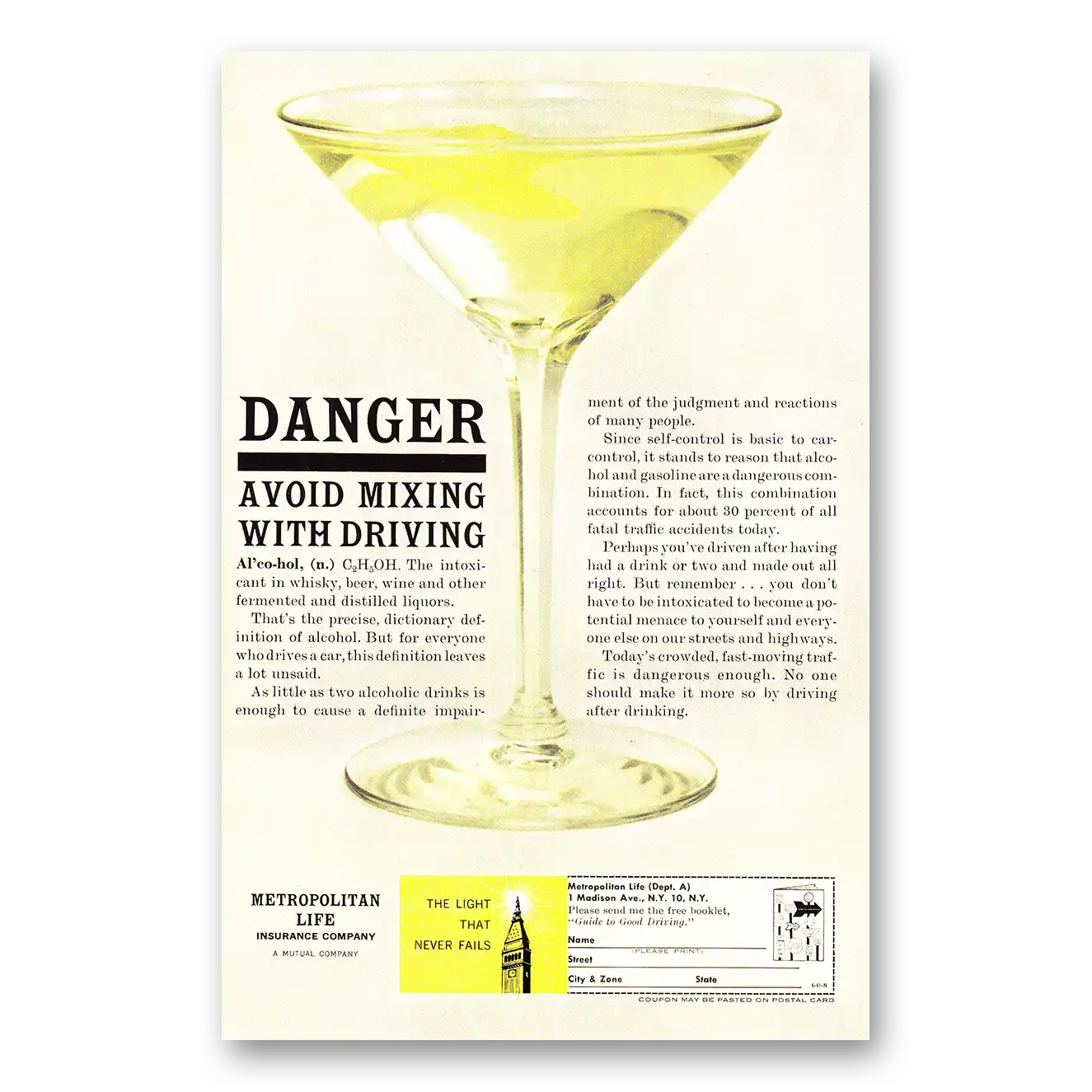 1961 Metropolitan Life Insurance Danger Avoid Mixing with Driving Vintage Magazine Print Ad