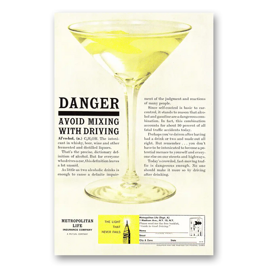 1961 Metropolitan Life Insurance Danger Avoid Mixing with Driving Vintage Magazine Print Ad