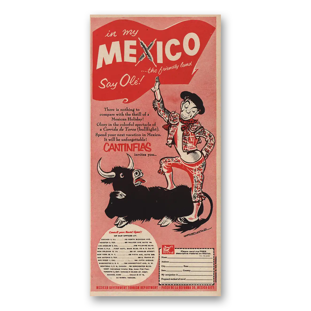 1961 Mexico In My Mexico Say Ole Vintage Magazine Print Ad