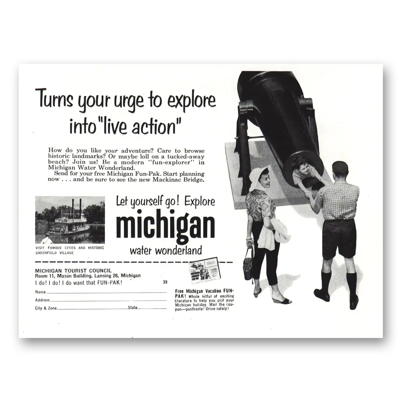 1959 Michigan Turns Your Urge to Explore Into Live Action Vintage Magazine Print Ad