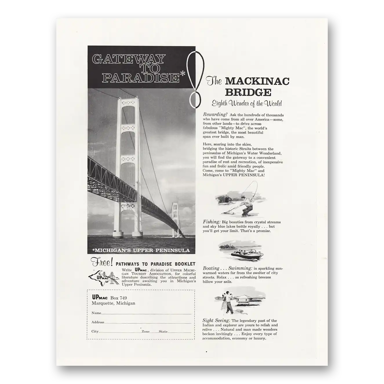 1961 Michigan Mackinac Bridge Michigan Gateway Paradise Vintage Magazine Print Ad