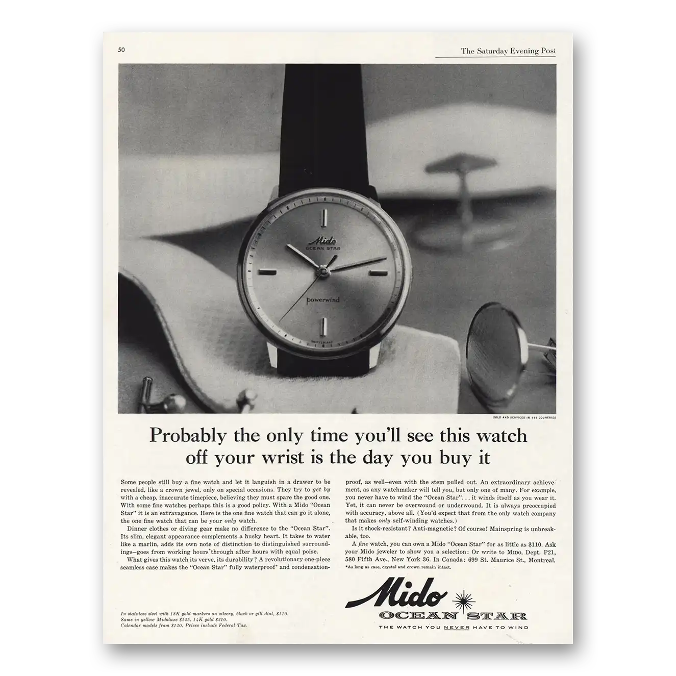 1961 Mido Watch Ocean Star Watch Probably the Only Time Vintage Magazine Print Ad