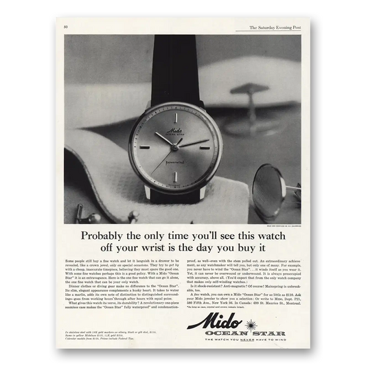 1961 Mido Watch Ocean Star Watch Probably the Only Time Vintage Magazine Print Ad