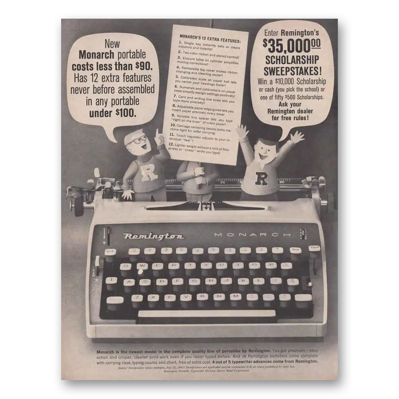 1961 Remington Typewriter Monarch Typewriter Sweepstakes Vintage Magazine Print Ad