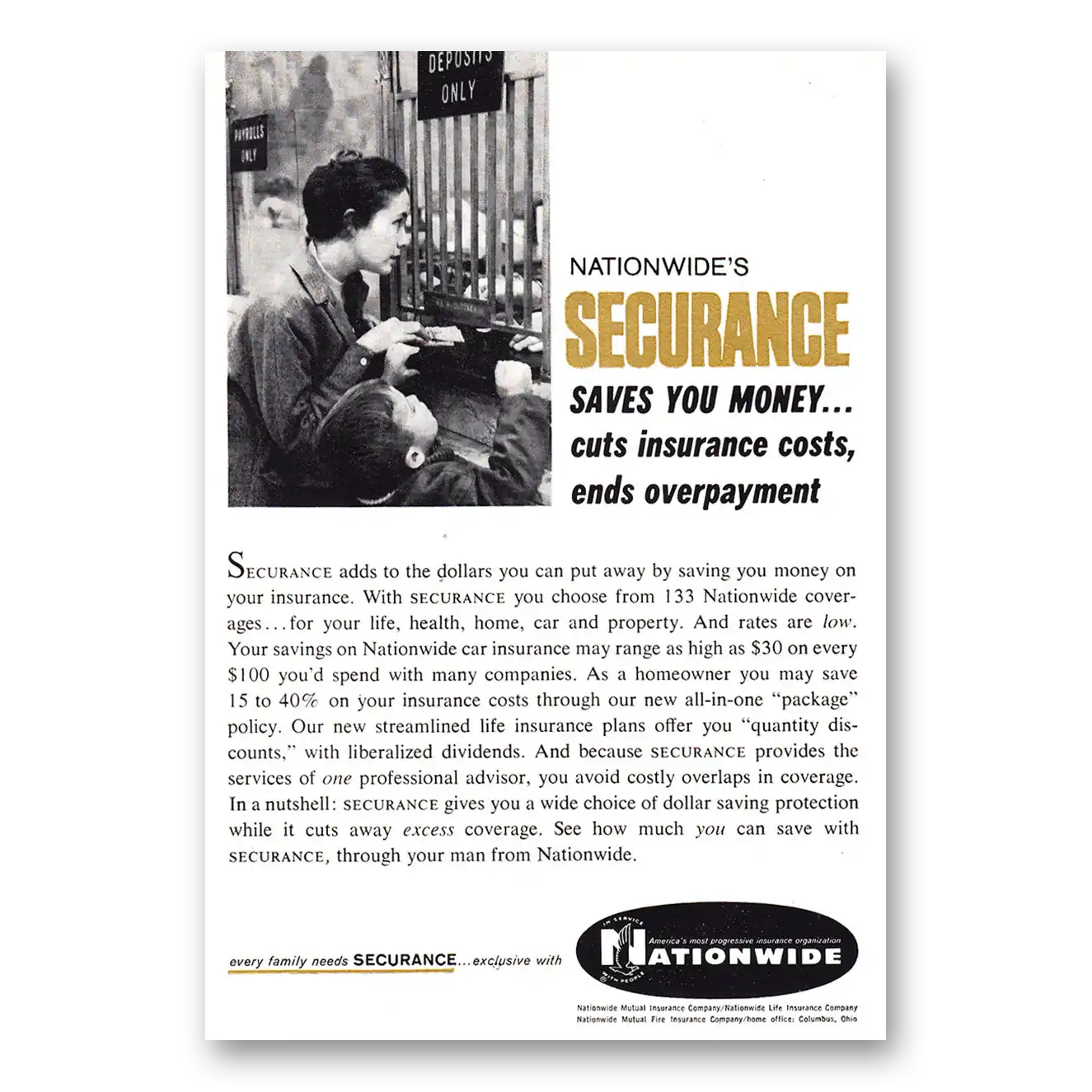 1961 Nationwide Insurance Securance Saves You Money Vintage Magazine Print Ad