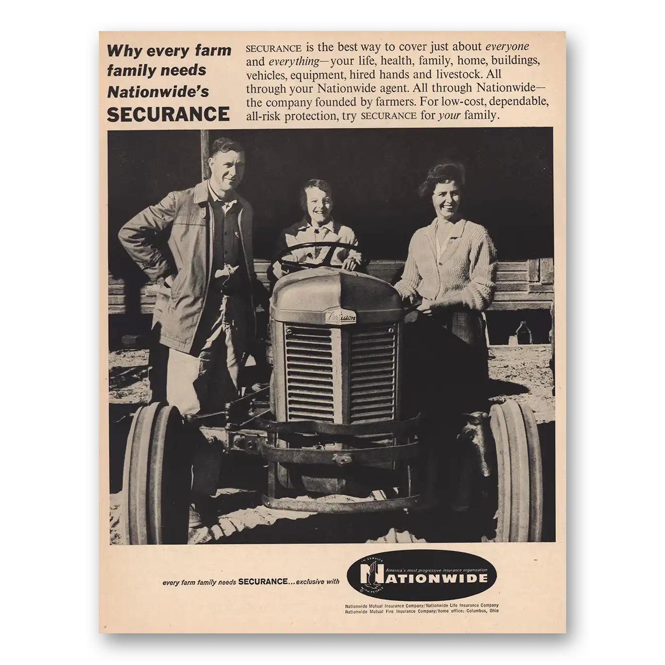 1961 Nationwide Insurance Ferguson Tractor Vintage Magazine Print Ad