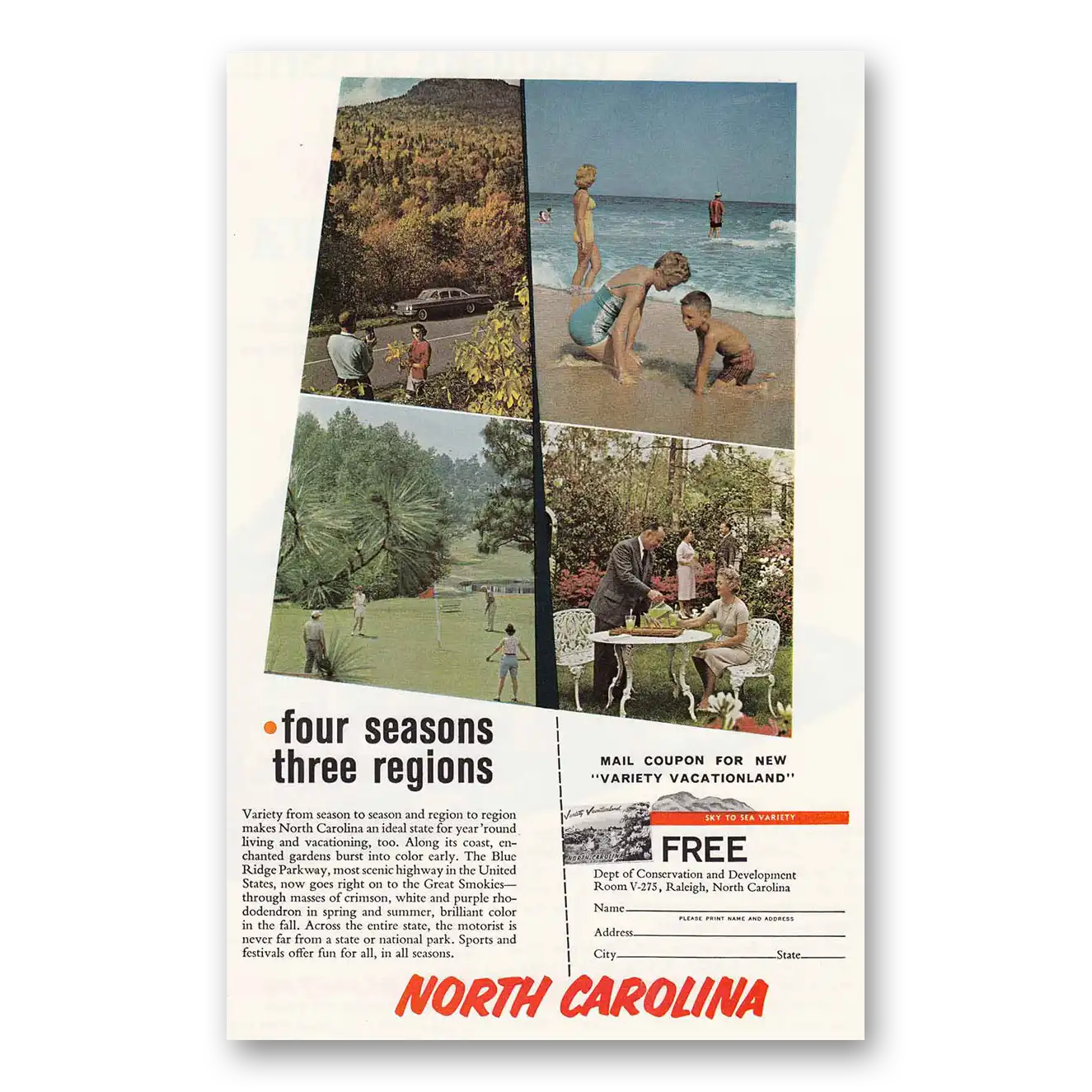 1961 North Carolina Four Seasons Three Regions Vintage Magazine Print Ad