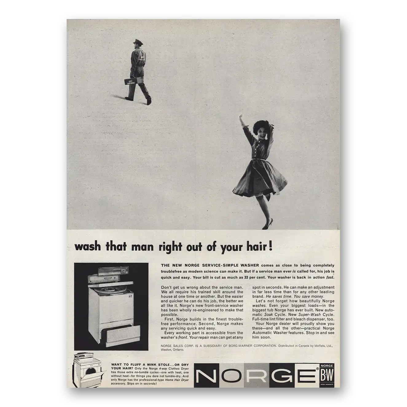 1961 Norge Washer Wash That Man Right Out of Your Hair Vintage Magazine Print Ad