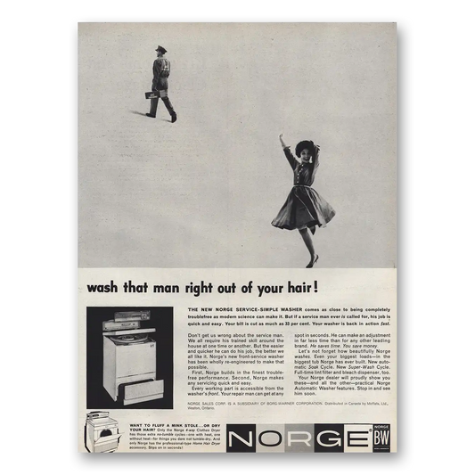 1961 Norge Washer Wash That Man Right Out of Your Hair Vintage Magazine Print Ad