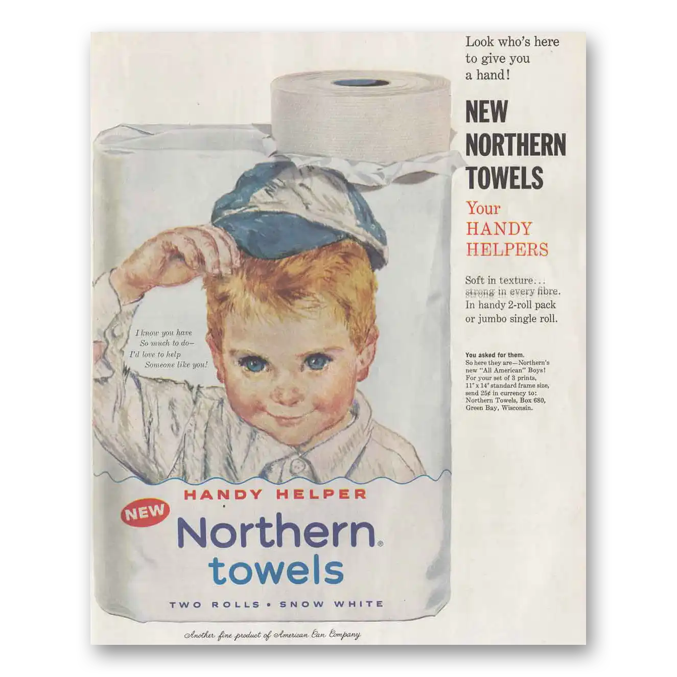 1961 Northern Towels Handy Helpers All American Boy Vintage Magazine Print Ad