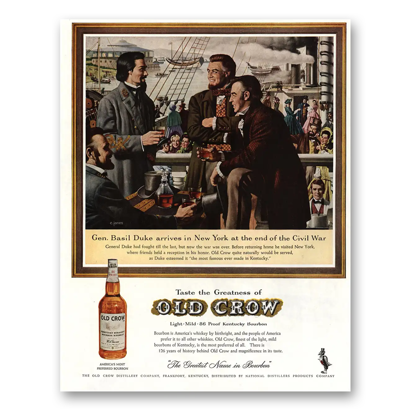 1961 Old Crow Whiskey Gen Basil Duke Arrives in New York Vintage Magazine Print Ad