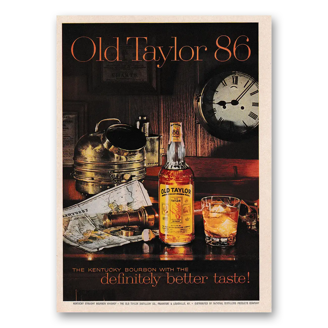 1961 Old Taylor Bourbon Whiskey Better Taste Clock Vintage Magazine Print Ad