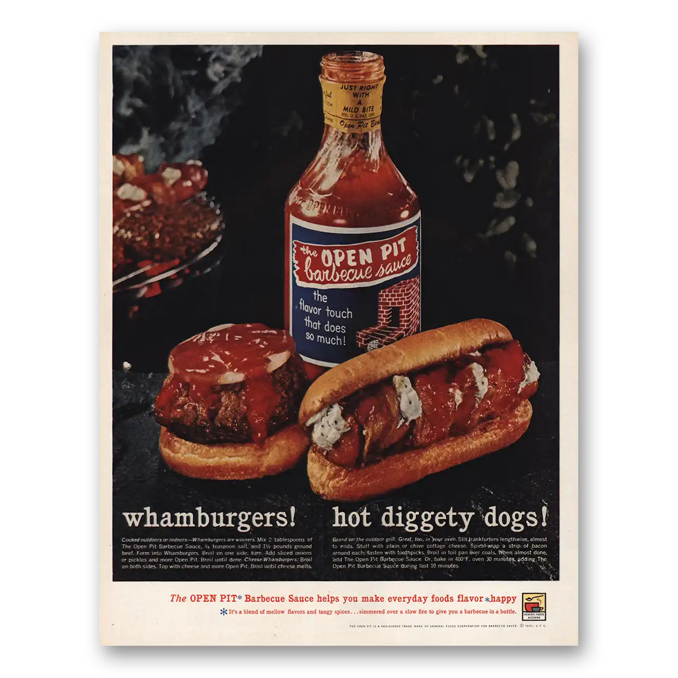 1961 Open Pit Barbecue Sauce Whamburgers Hot Diggety Dogs Vintage Magazine Print Ad