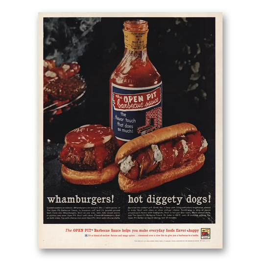 1961 Open Pit Barbecue Sauce Whamburgers Hot Diggety Dogs Vintage Magazine Print Ad