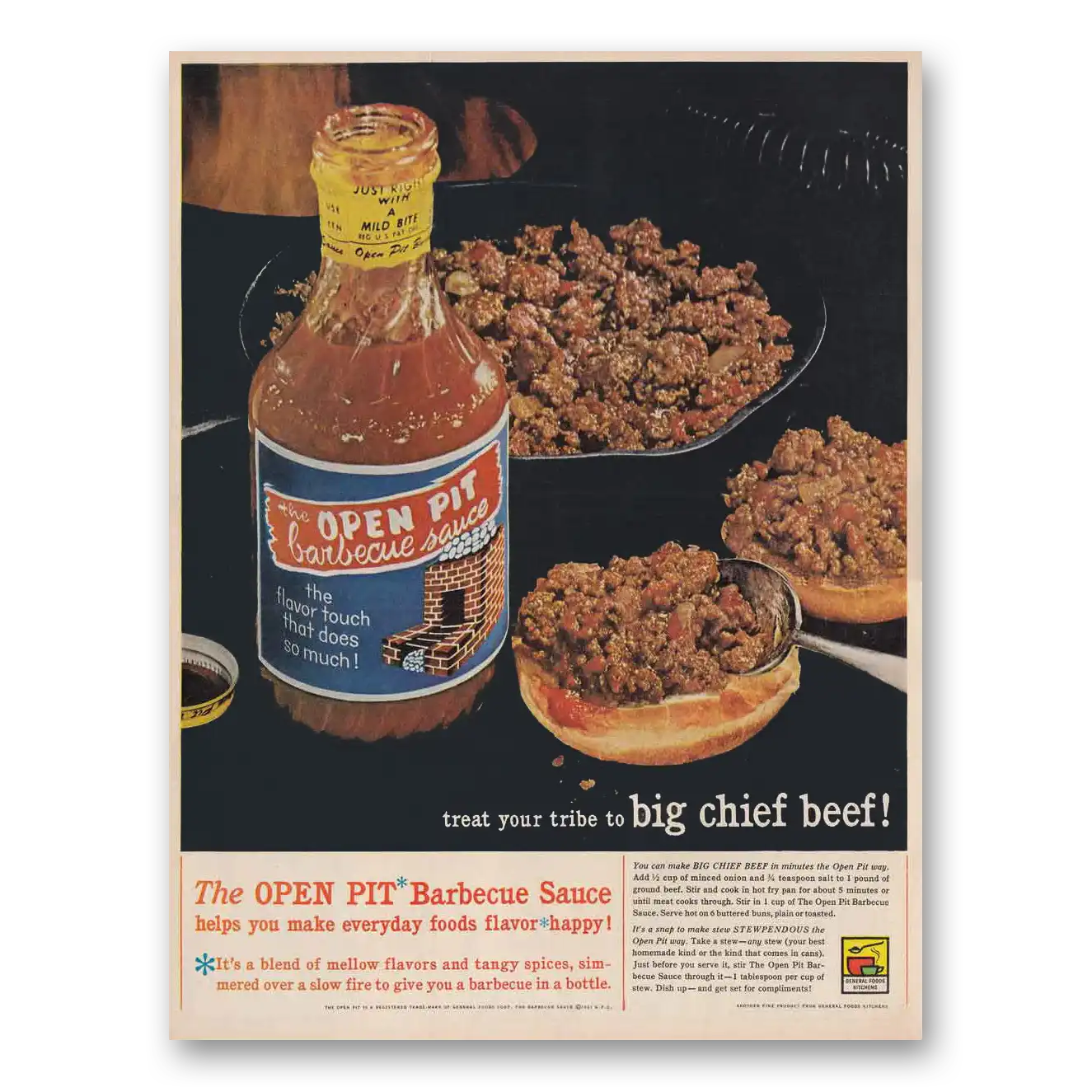 1961 Open Pit Barbecue Sauce Big Chief Beef Vintage Magazine Print Ad