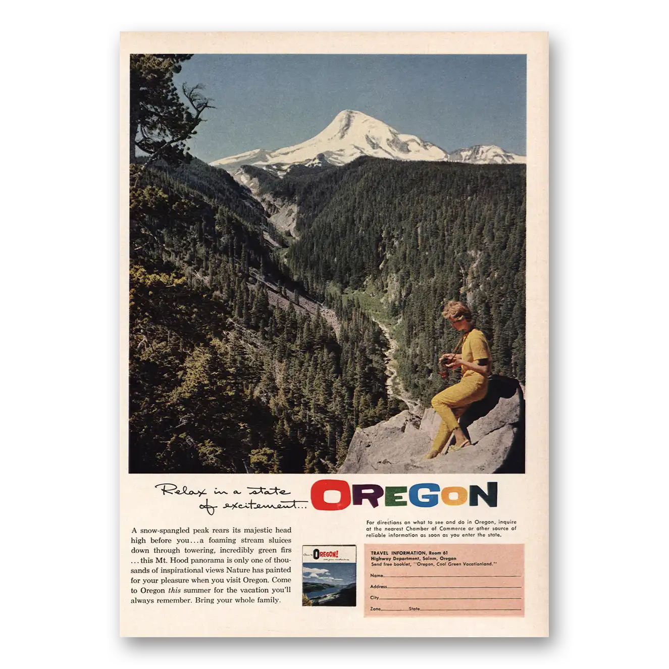 1961 Oregon Relax State of Excitement Mt Hood Vintage Magazine Print Ad