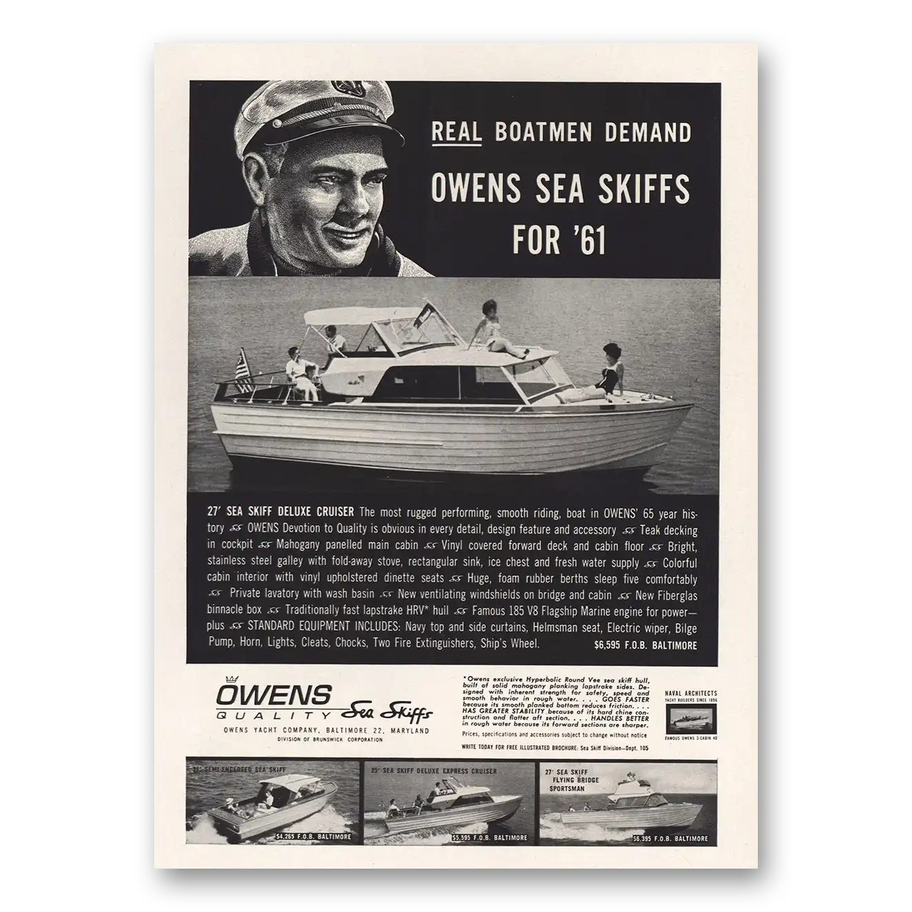 1961 Owens Yacht Company Sea Skiffs Real Boatmen Demand Vintage Magazine Print Ad