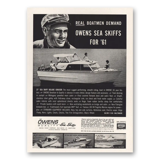 1961 Owens Yacht Company Sea Skiffs Real Boatmen Demand Vintage Magazine Print Ad