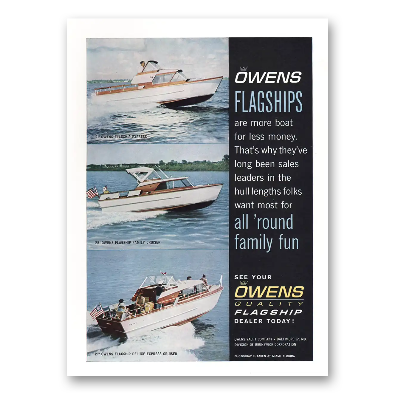 1961 Owens Yacht Company Flagships All Round Family Fun Vintage Magazine Print Ad