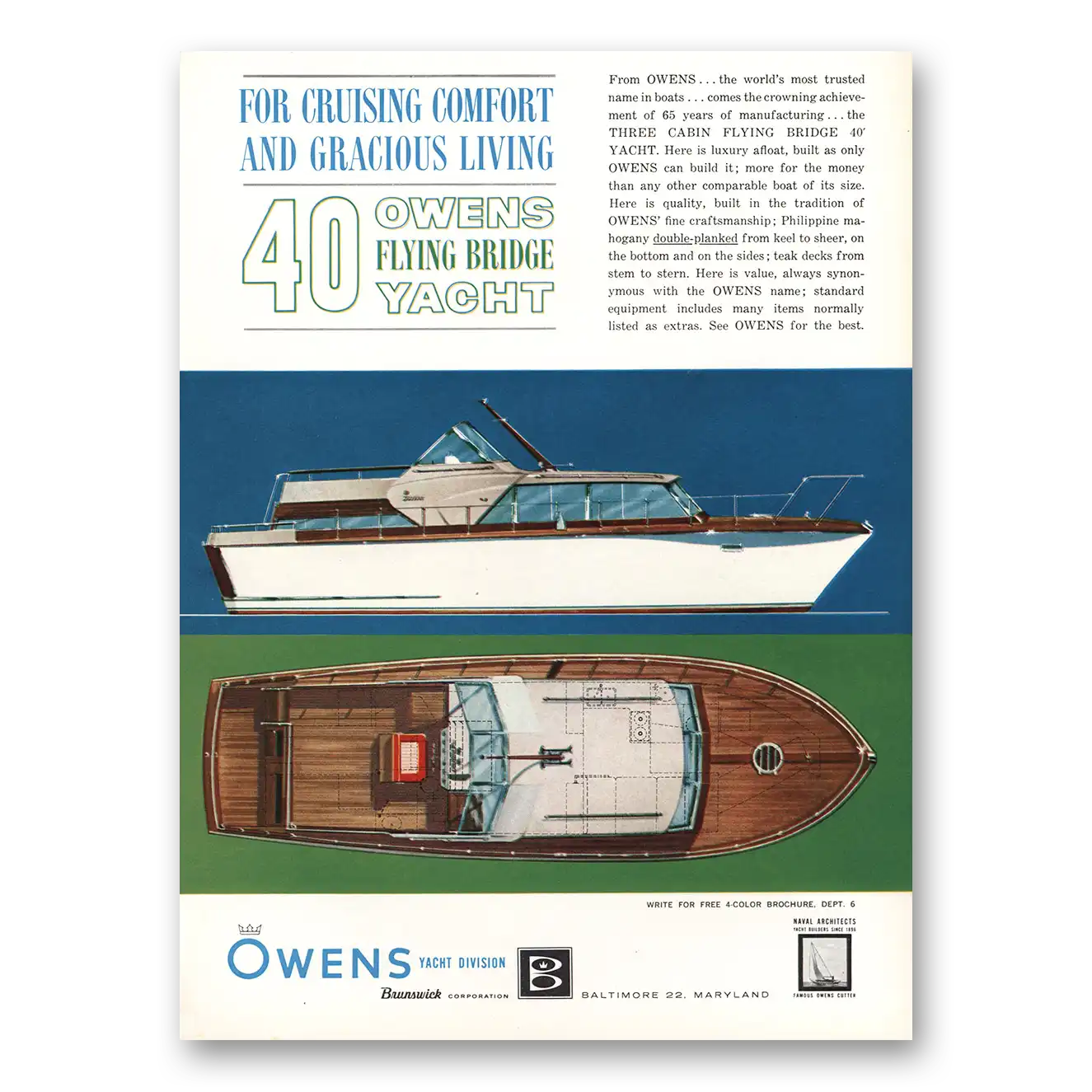 1961 Owens Yacht Company Flying Bridge Yacht Cruising Comfort Vintage Magazine Print Ad