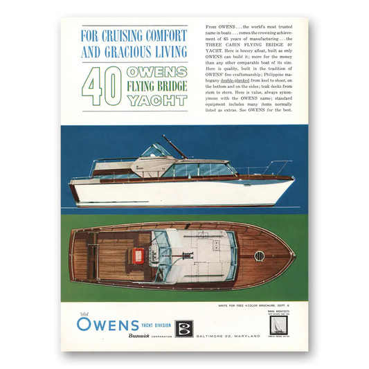 1961 Owens Yacht Company Flying Bridge Yacht Cruising Comfort Vintage Magazine Print Ad