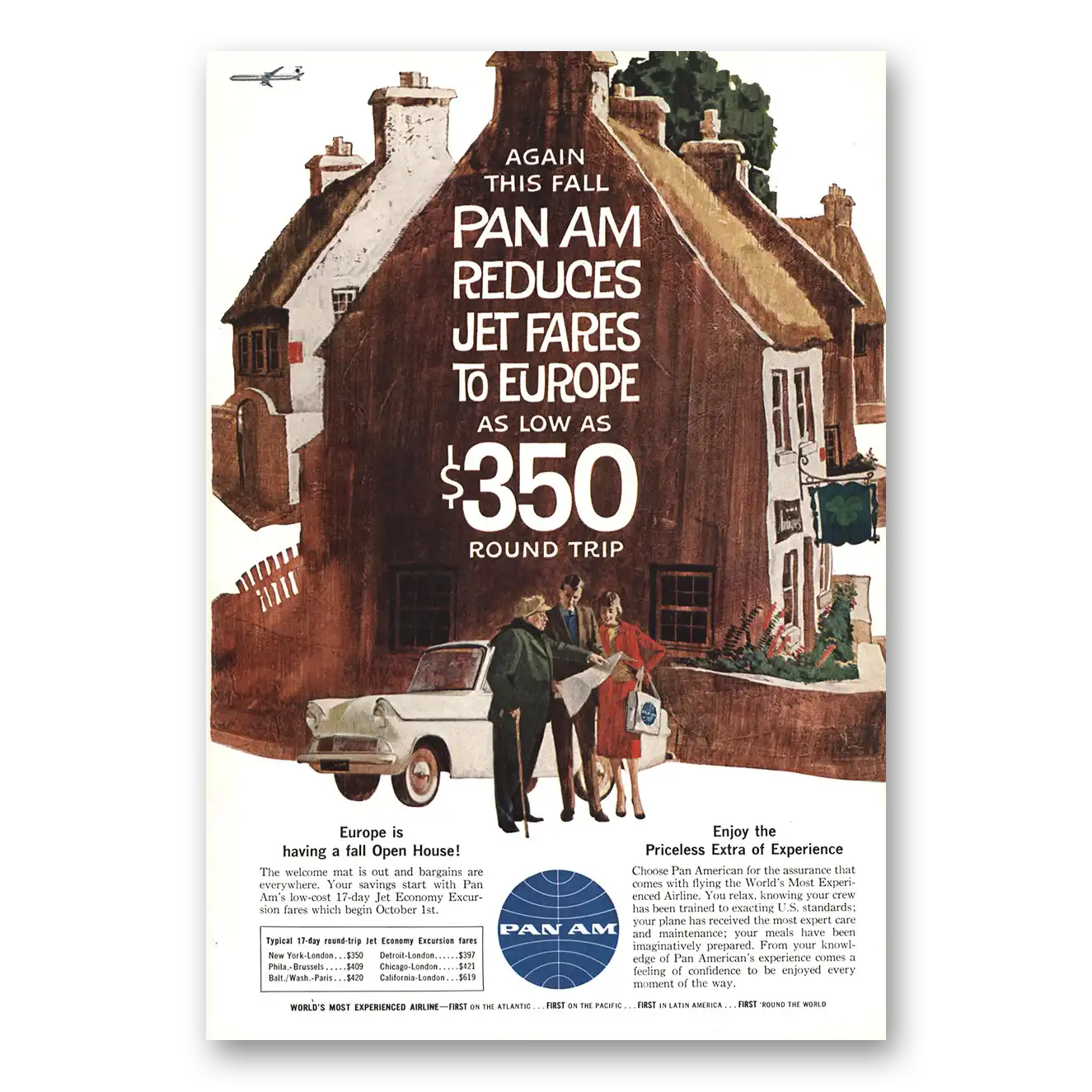 1961 Pan Am Reduces Air Fares to Europe Vintage Magazine Print Ad