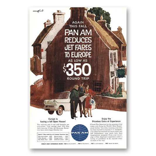 1961 Pan Am Reduces Air Fares to Europe Vintage Magazine Print Ad