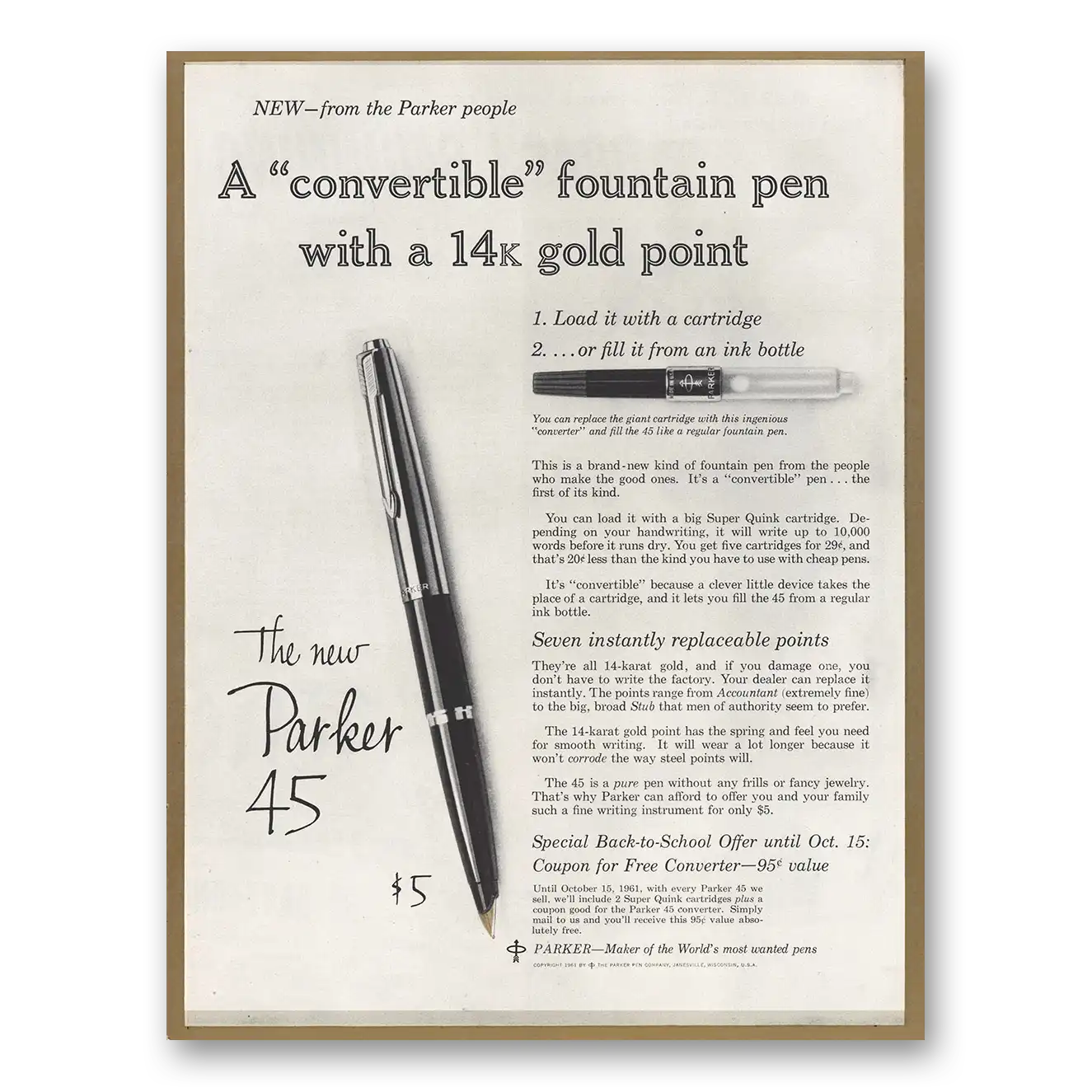 1961 Parker 45 Pen Convertible Fountain Pen with a 14K Gold Point Vintage Magazine Print Ad