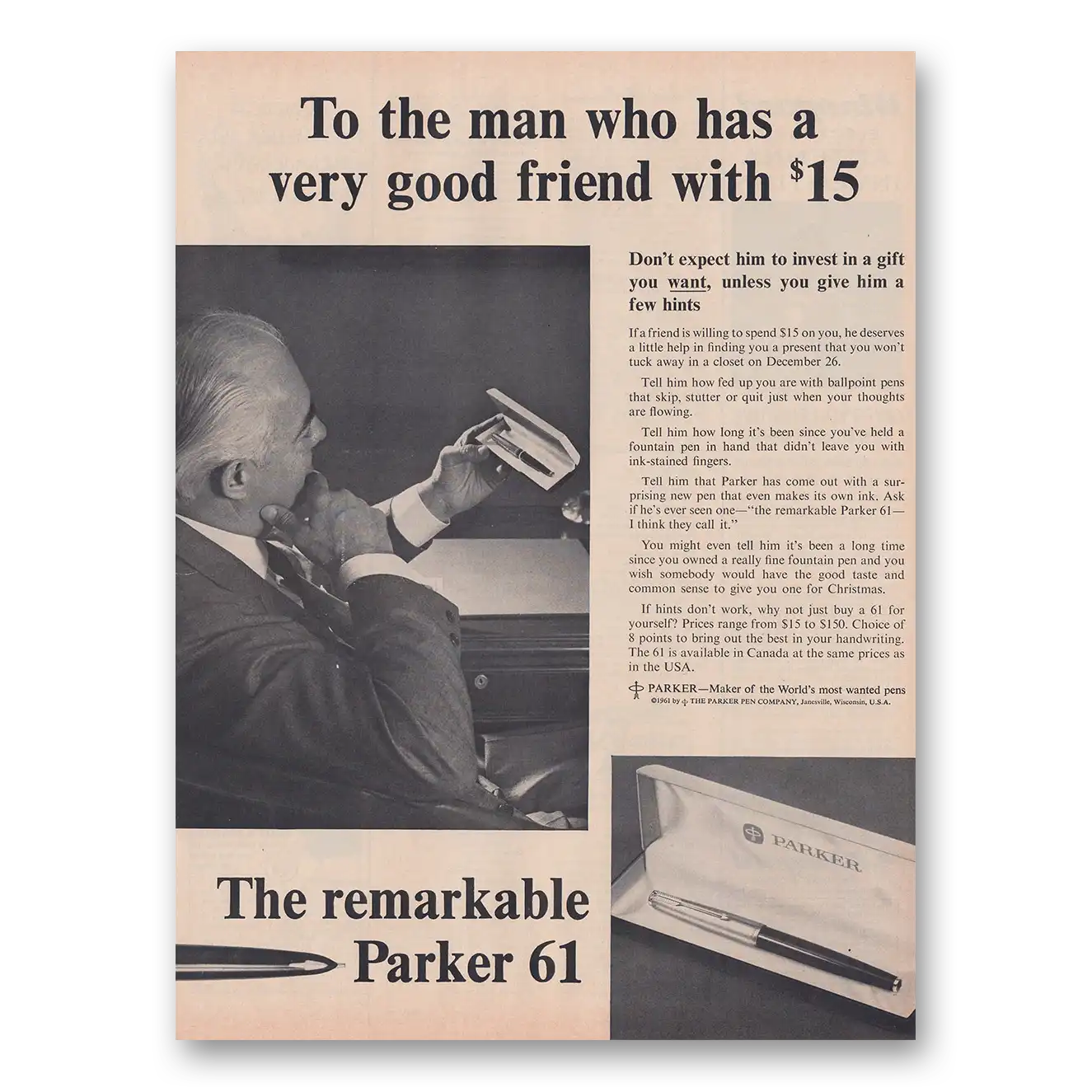 1961 Parker 61 Pen To the Man Who Has a Very Good Friend Vintage Magazine Print Ad