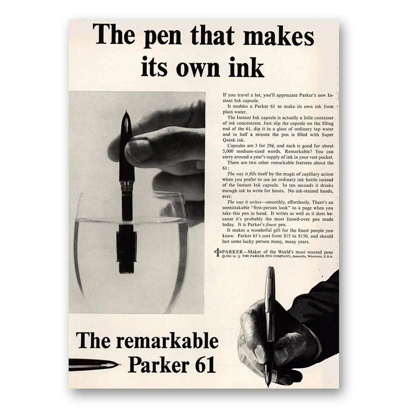 1961 Parker 61 Pen Makes Its Own Ink Vintage Magazine Print Ad